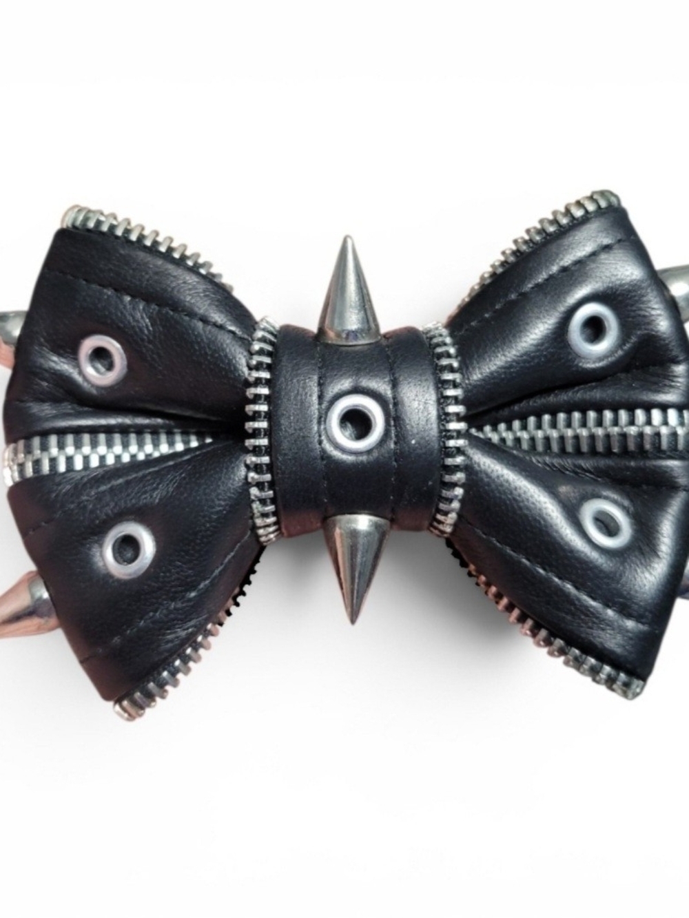 Handmade Gothic Black Leather Spiked Zipper Bow Tie